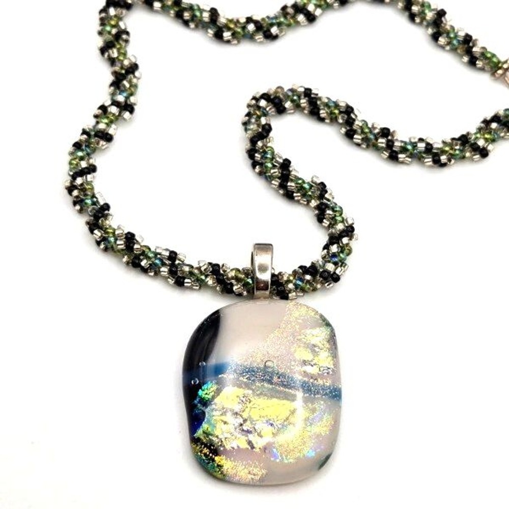 Colorful Dichroic Fused Glass Pendant on Hand-Crafted Spiral Seed‎ Bead Necklace